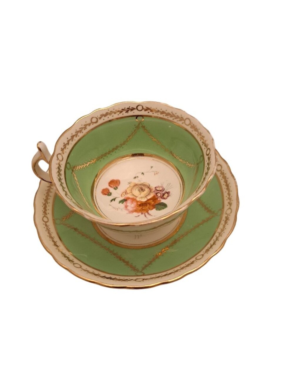 Allertons Old English Roses Green Trim Wide Mouth Tea Cup and Saucer